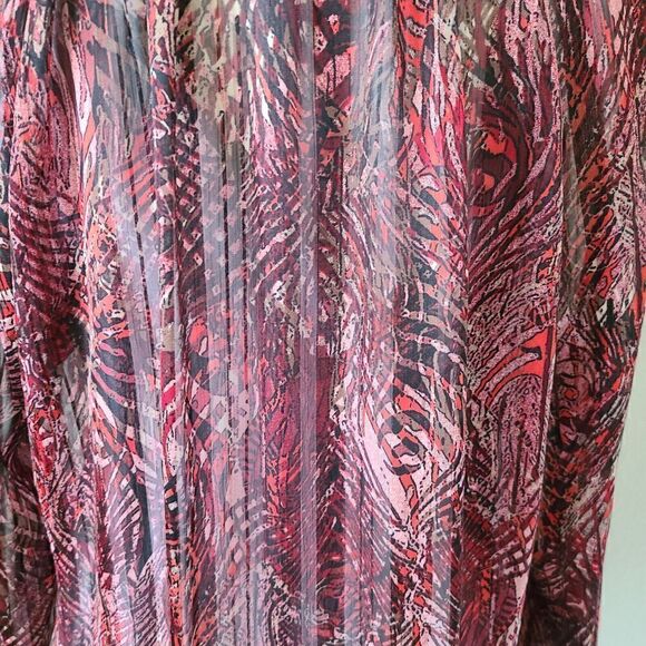 Cache Peacock Blouse Popover Medium Sheer Feather Print Red Studded Neckline - Picture 8 of 11